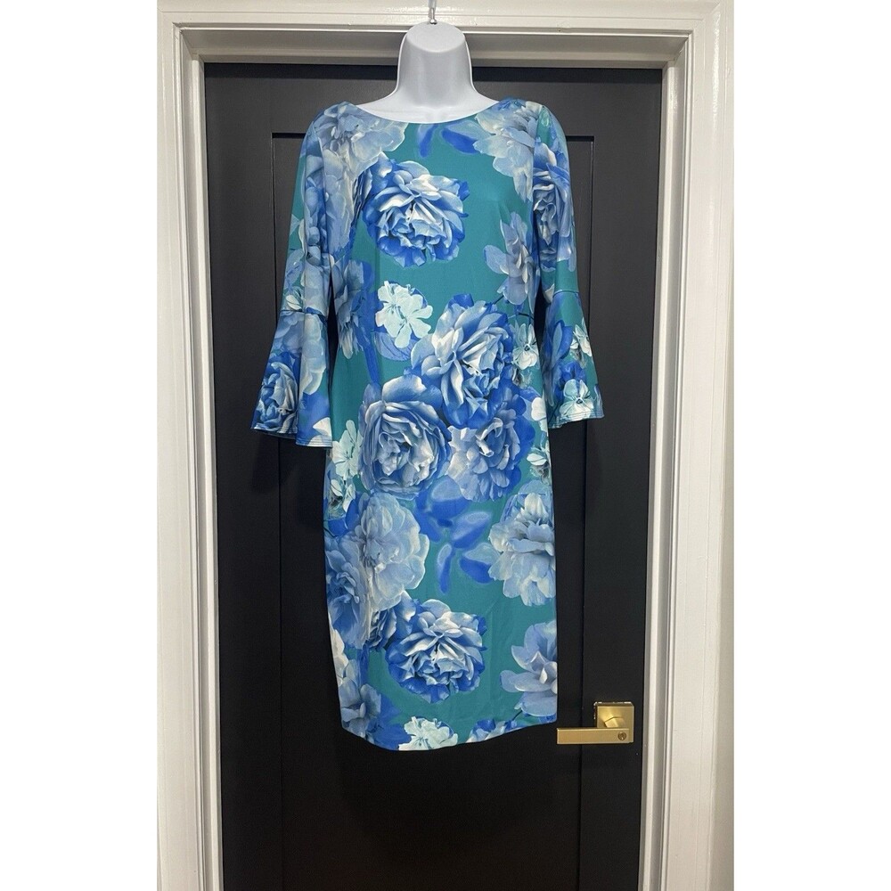 Calvin Klein Floral Bell Sleeve Sheath Dress Sz 8 Blue Knee Length Guest Career